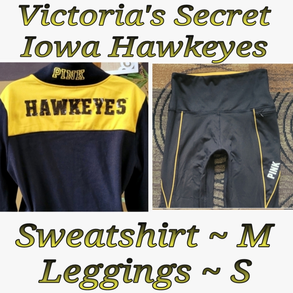 VS PINK Iowa Hawkeyes Outfit Bling Sequin Sweatshirt Black & Yellow Leggings S M